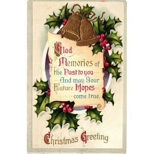 Glad‎ Memories Christmas Postcard Embossed 1910 Gold Bells Holly Vintage USA